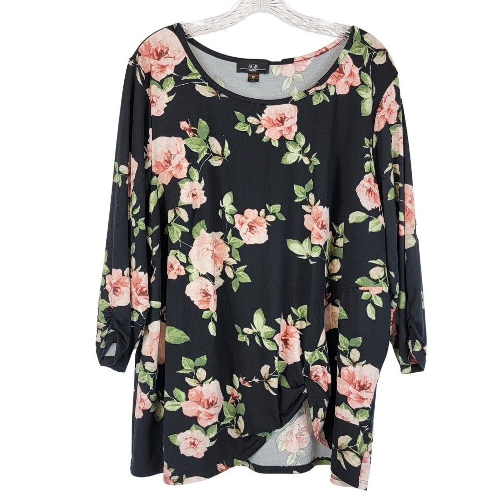 AGB Blouse Womens 2X Black Pink Spring Floral Stretch Cozy Cottagecore Bloomcore